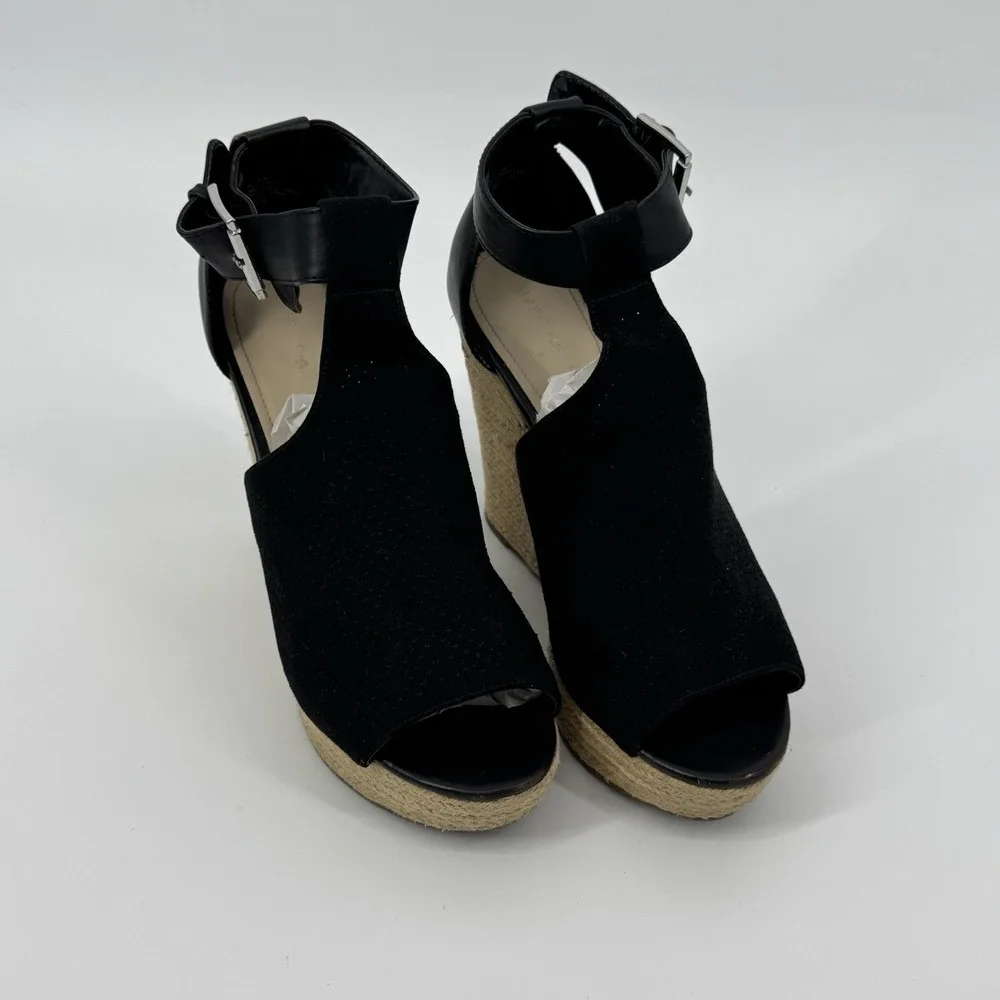 Marc Fisher‎ Black Espadrille Wedge Sandals Ankle Strap Peep Toe Size 9M Coastal